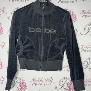 Bebe sweater zip up heart zipper pull bling diamond rhinestone logo velour